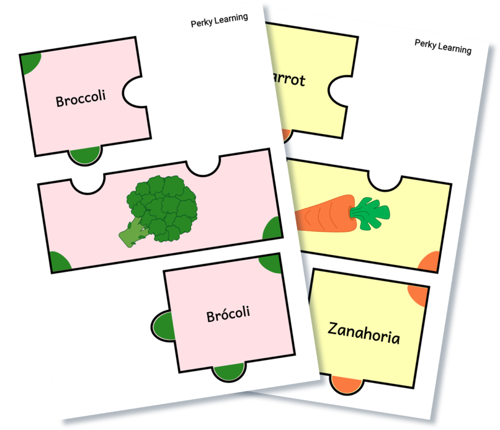 Bilingual Classroom , Free English Spanish matching vegetables activity for kids