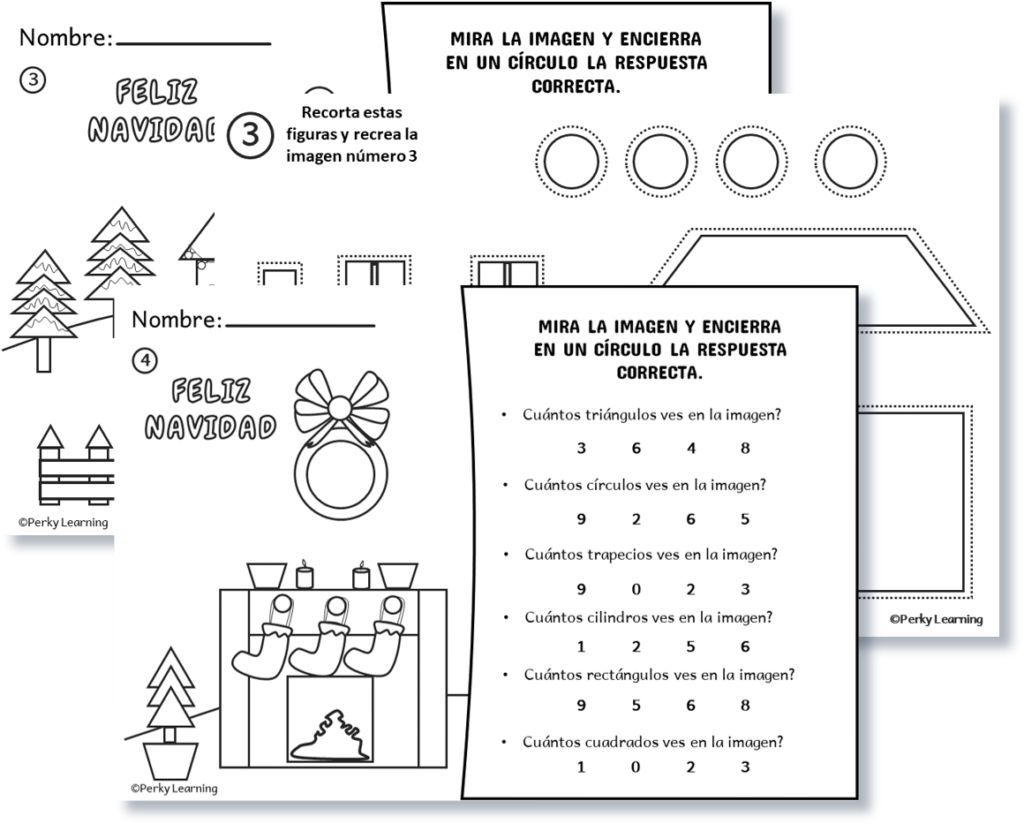 Free Spanish printables for kids. Chistmas math activity. Shape recognition worksheets in Spanish.