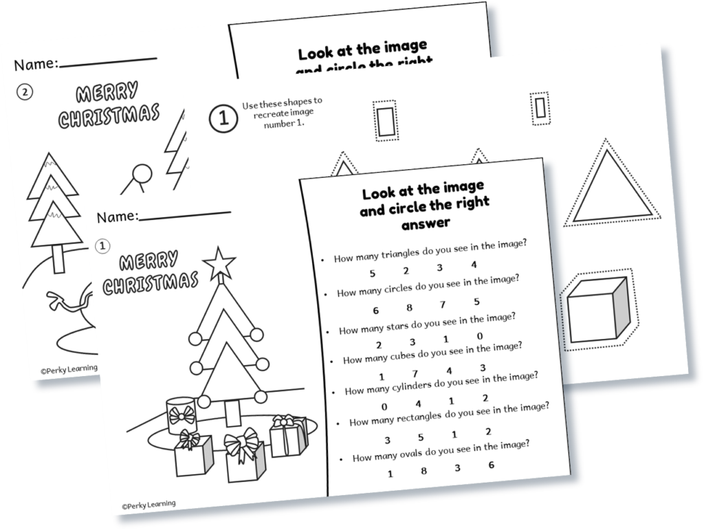 Free printable Christmas math activity. Shape recognition worksheets. Coloring pages for kids.
