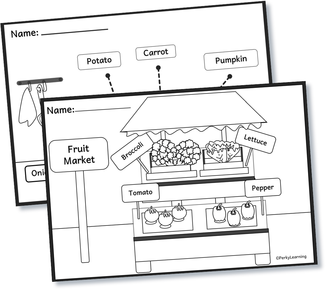 Free printable vegetable worksheets, coloring pages.