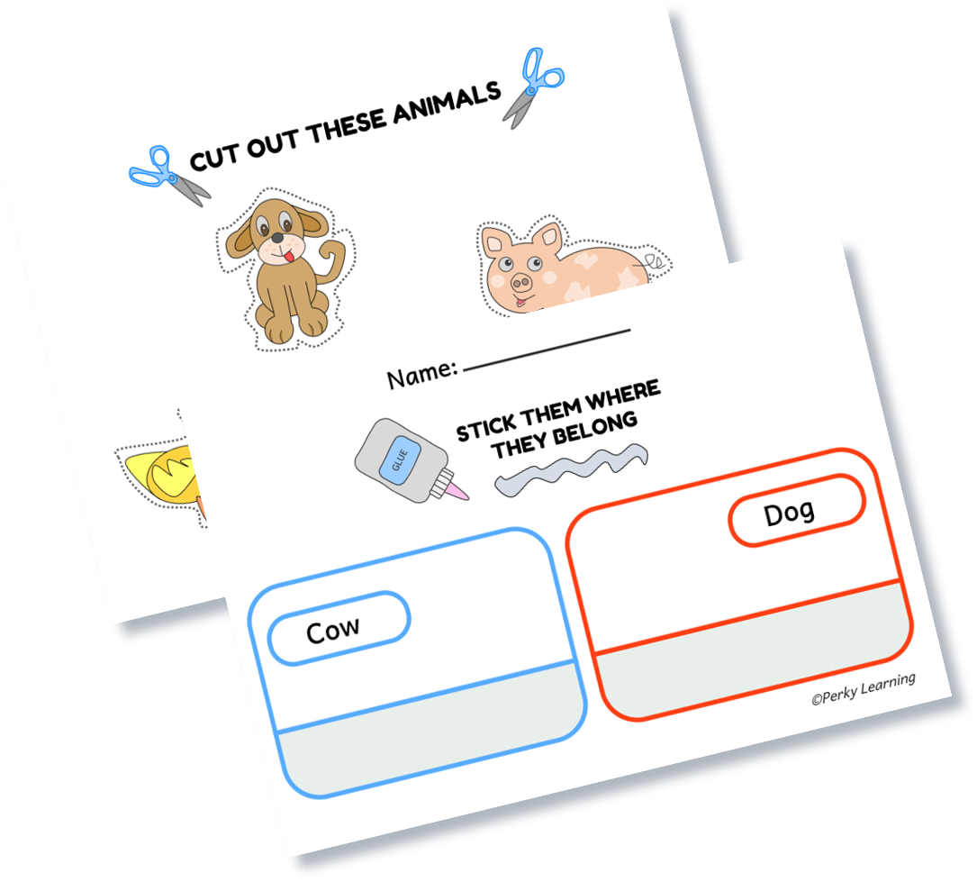 Free Cut out and paste worksheets for kids. Learning animal activity for preschoolers