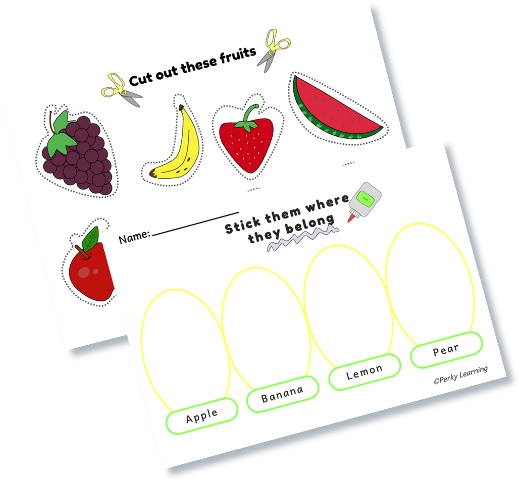 Free Cut out and paste worksheets for kids. Learning fruits activity.