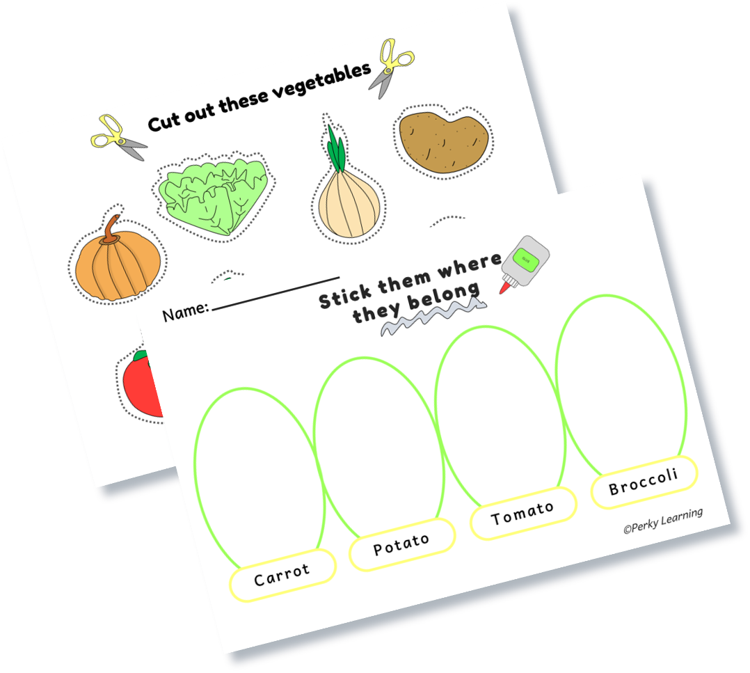 Free Cut out and paste worksheets for kids. Learning vegetables activity.