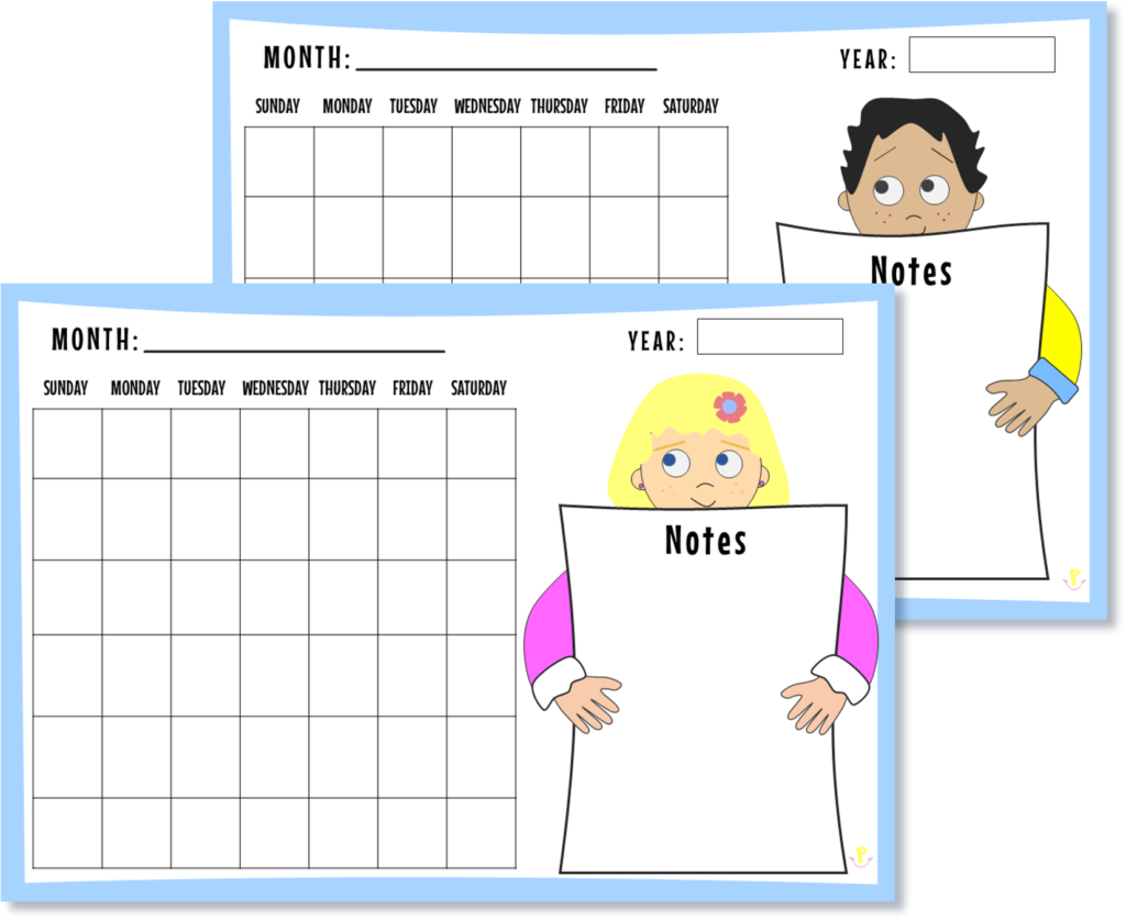 Free blank calendar templates for kids. Cute printables for kids