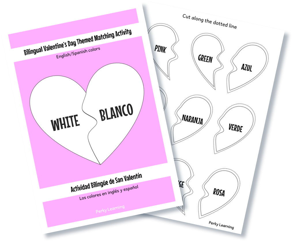 Free Bilingual Valentine's Day Themed matching colors activity. English and Spanish worksheets.