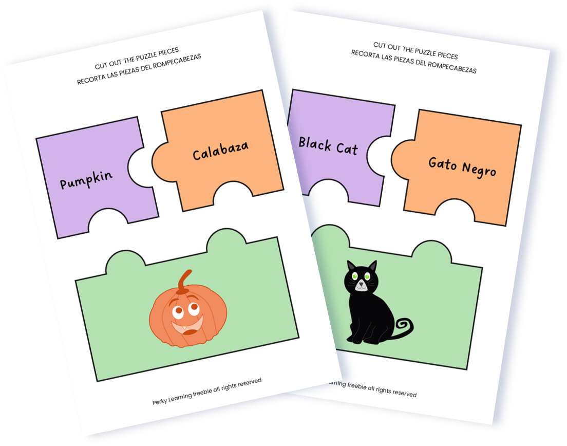 Free bilingual English and Spanish Halloween Themed puzzle matching activity for kids ages 3 to 6
