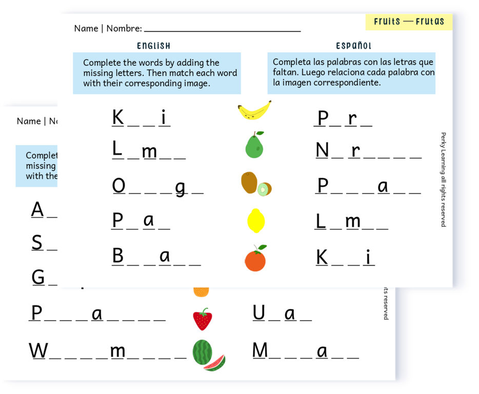 Bilingual English and Spanish Matching and Spelling worsheets for kids ages 6 to 8. Fruit themed vocabulary.